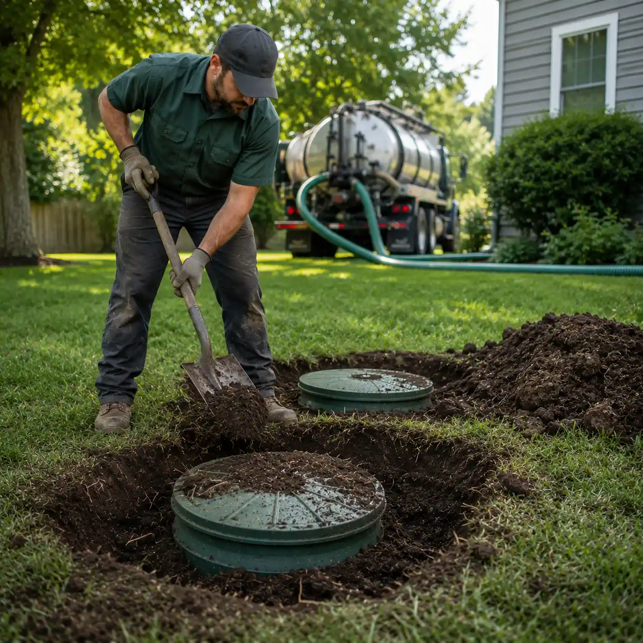 Contractor digging for a new septic system installation on a rural Berks County property