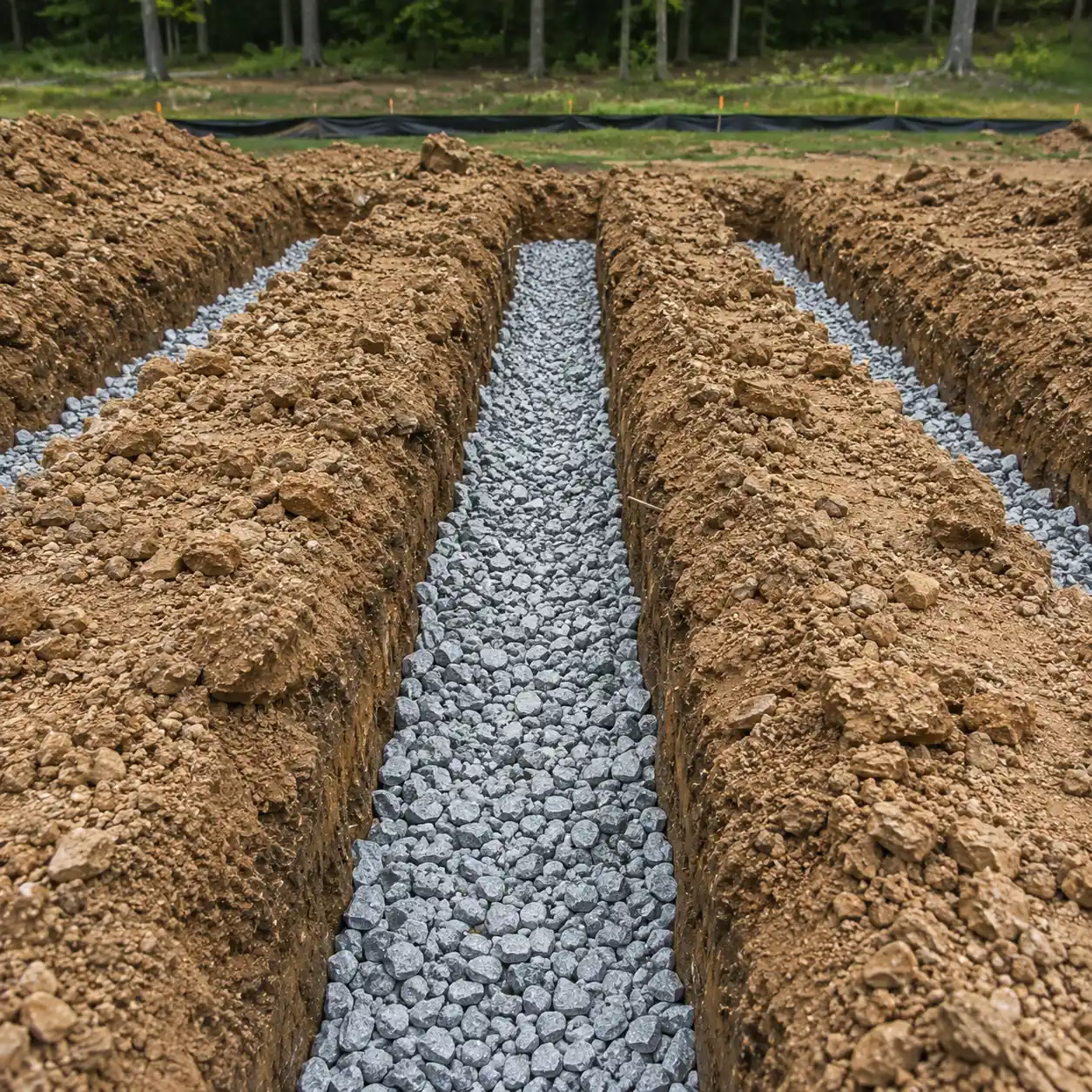 Drain field rock and soil layers exposed in a Berks County yard