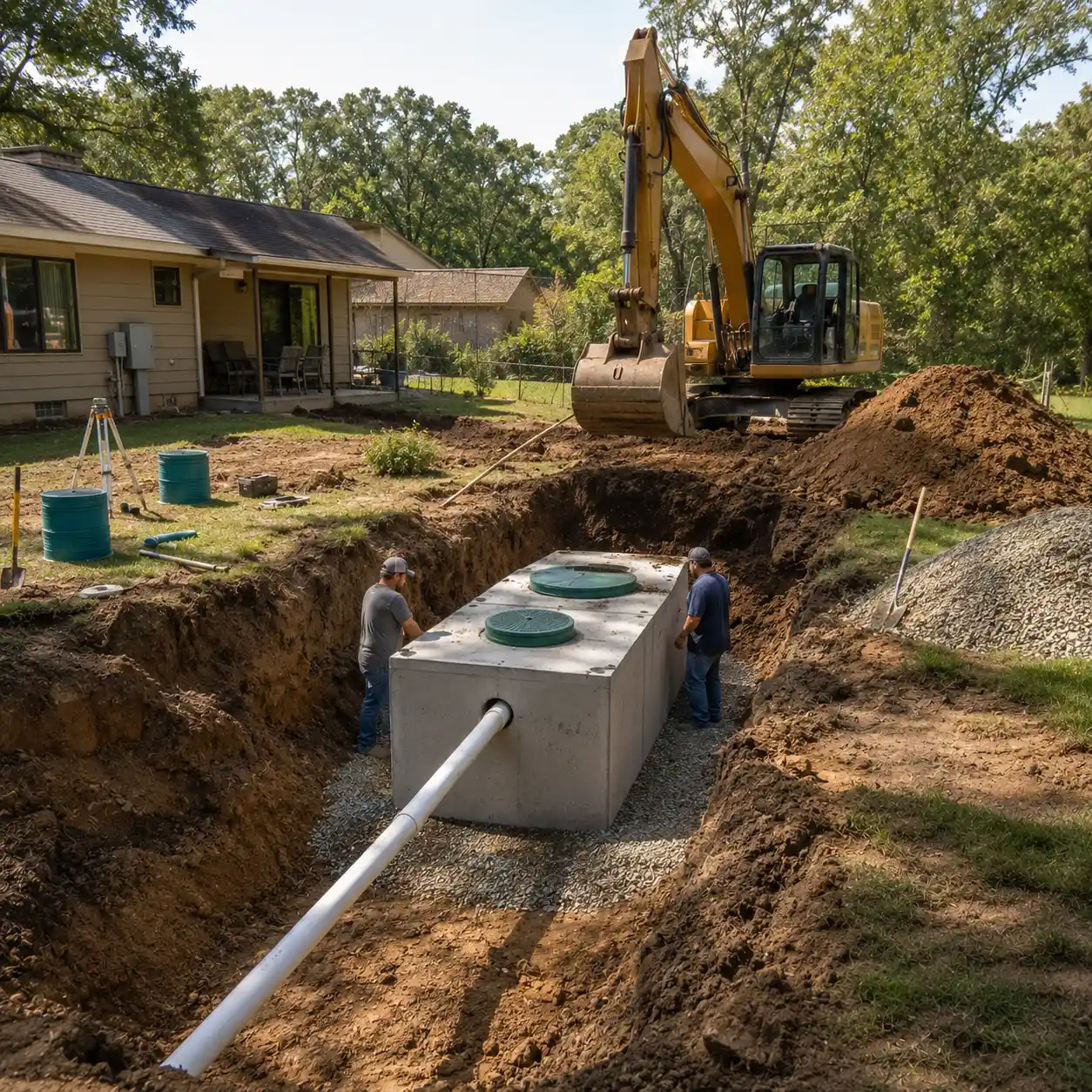Dug-up septic tank exposing surrounding soil