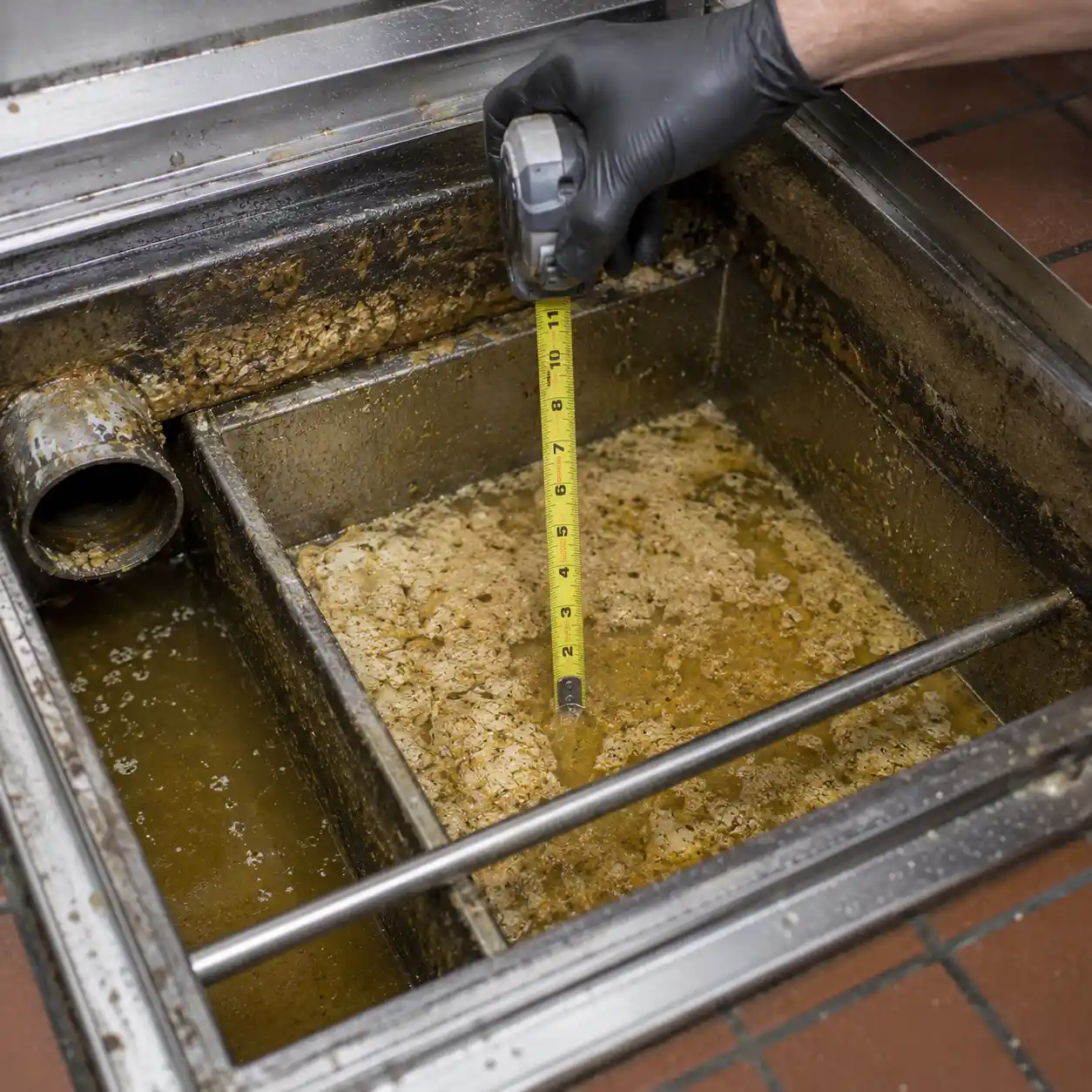 Measuring grease depth in a commercial grease trap
