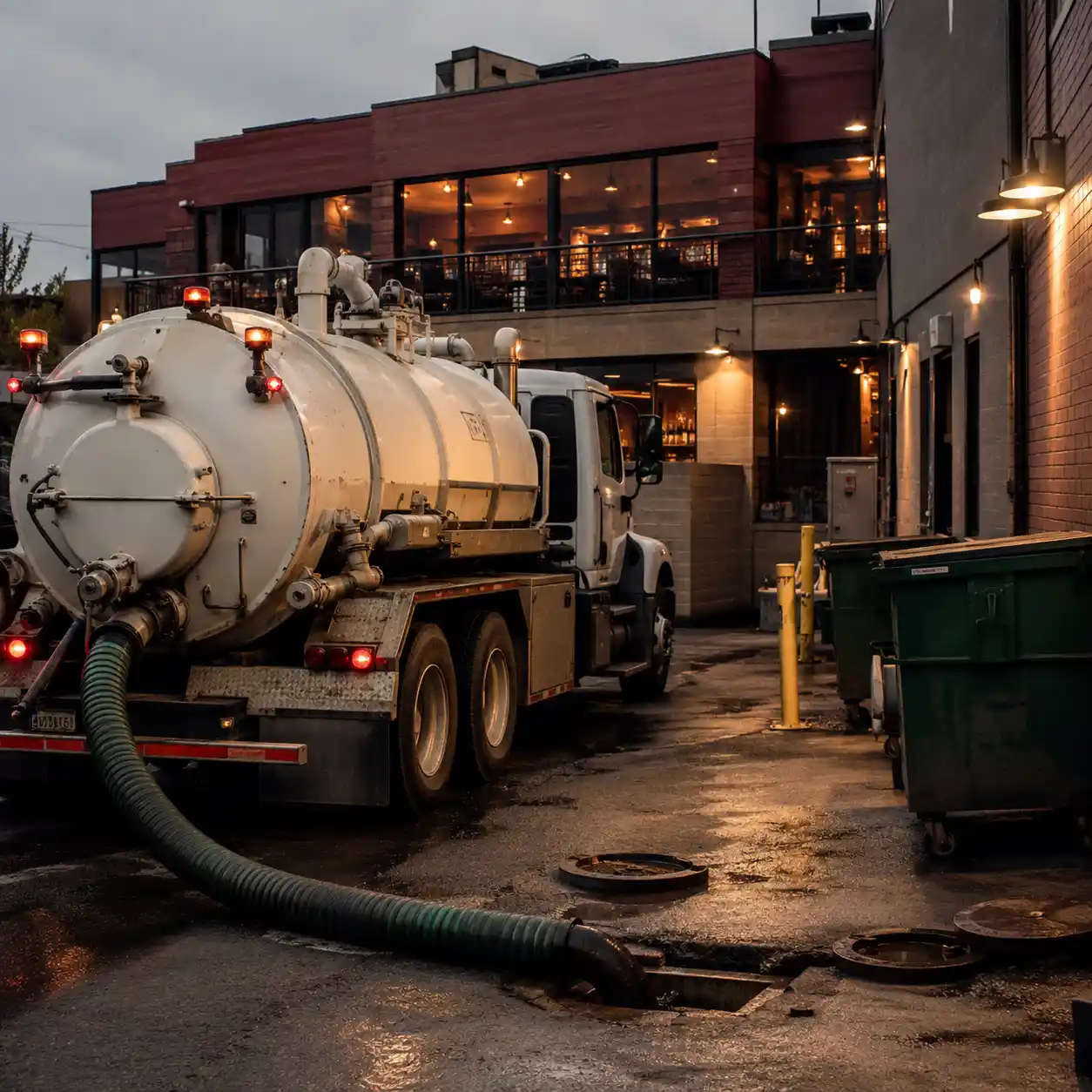 Grease trap vacuum truck servicing a commercial kitchen