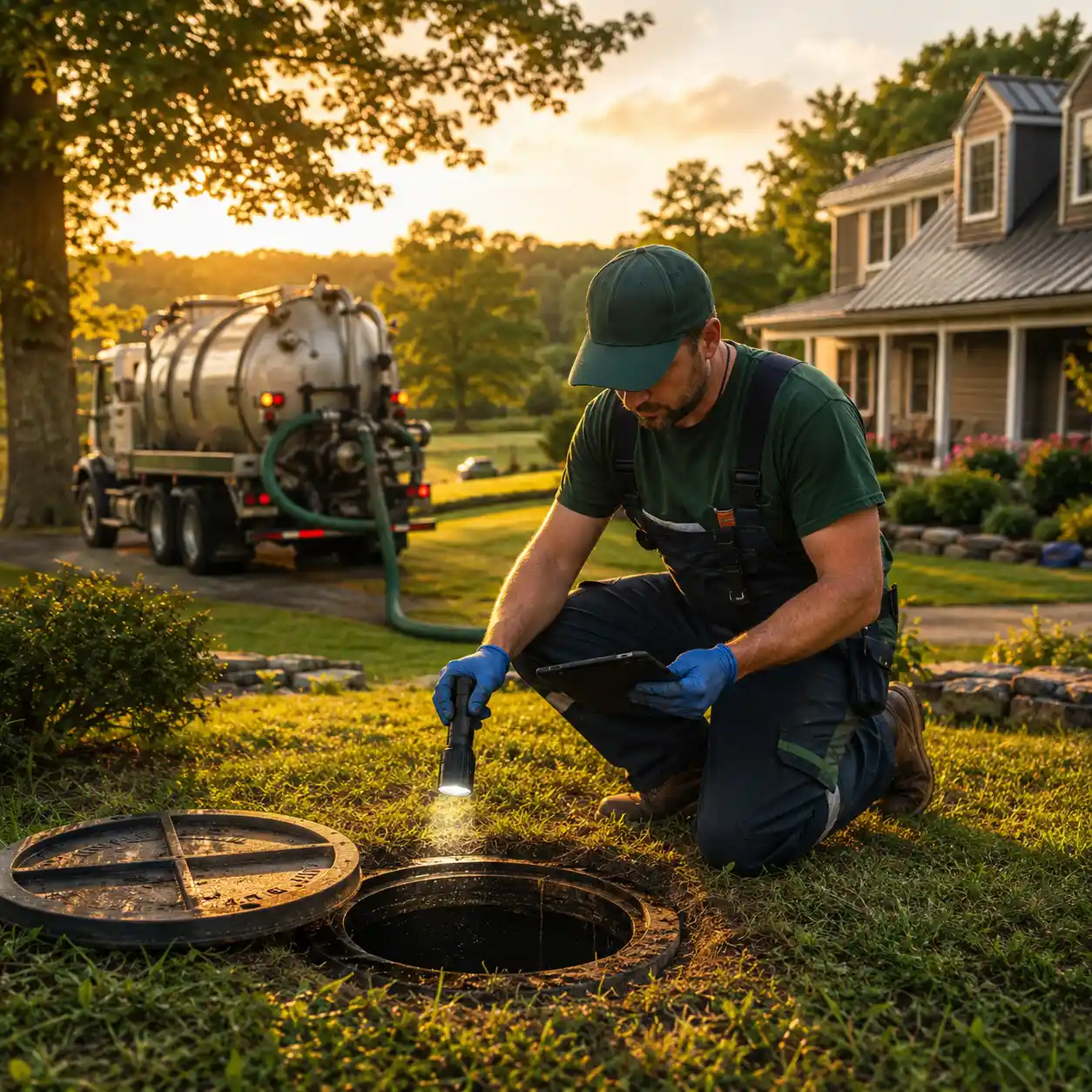 Septic professional inspecting a system in the evening