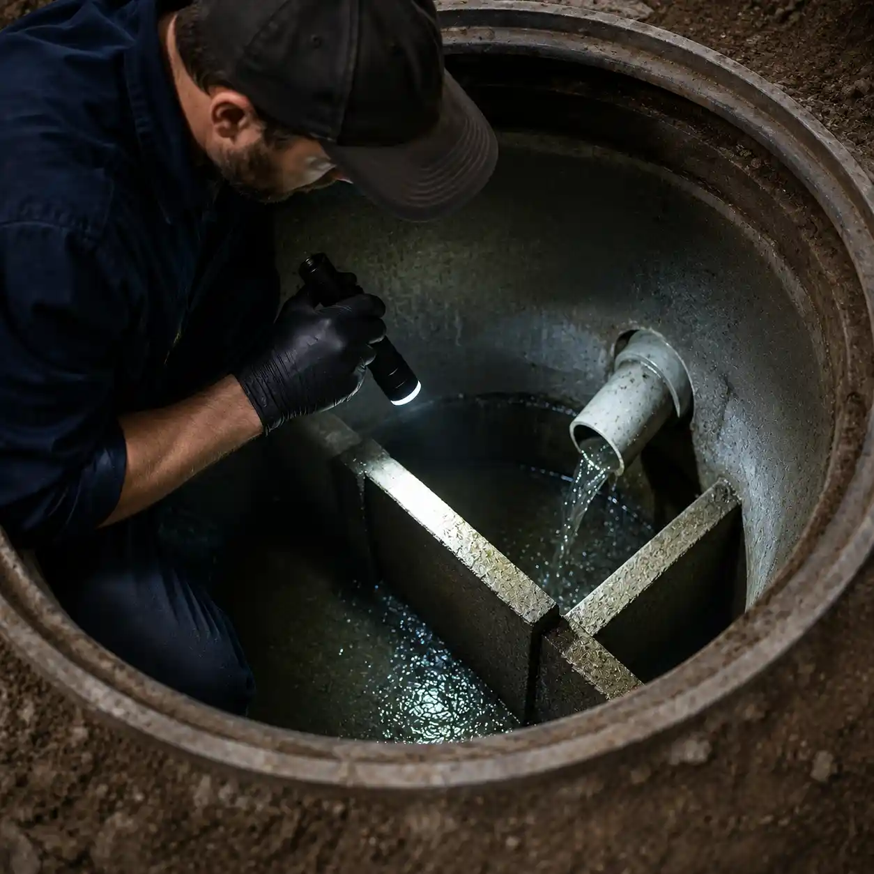 Septic professional inspecting a water and septic pipe connection
