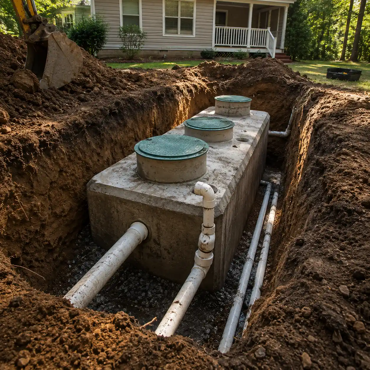 New septic tank installation with surrounding soil removed