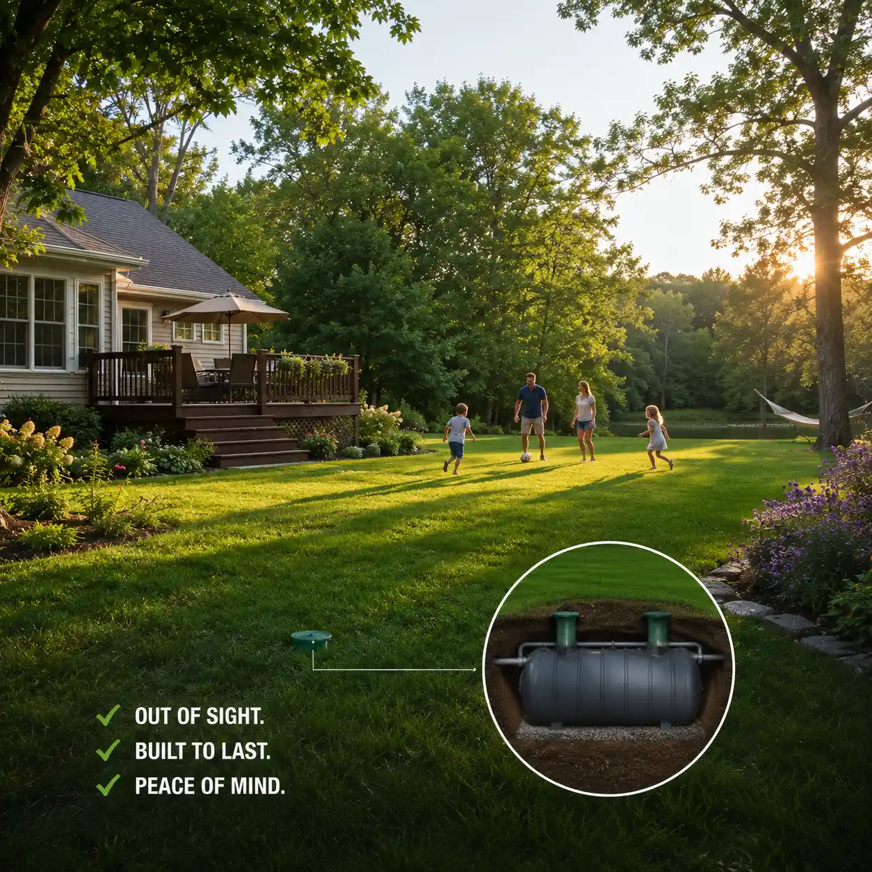 Septic system components buried out of sight in a yard
