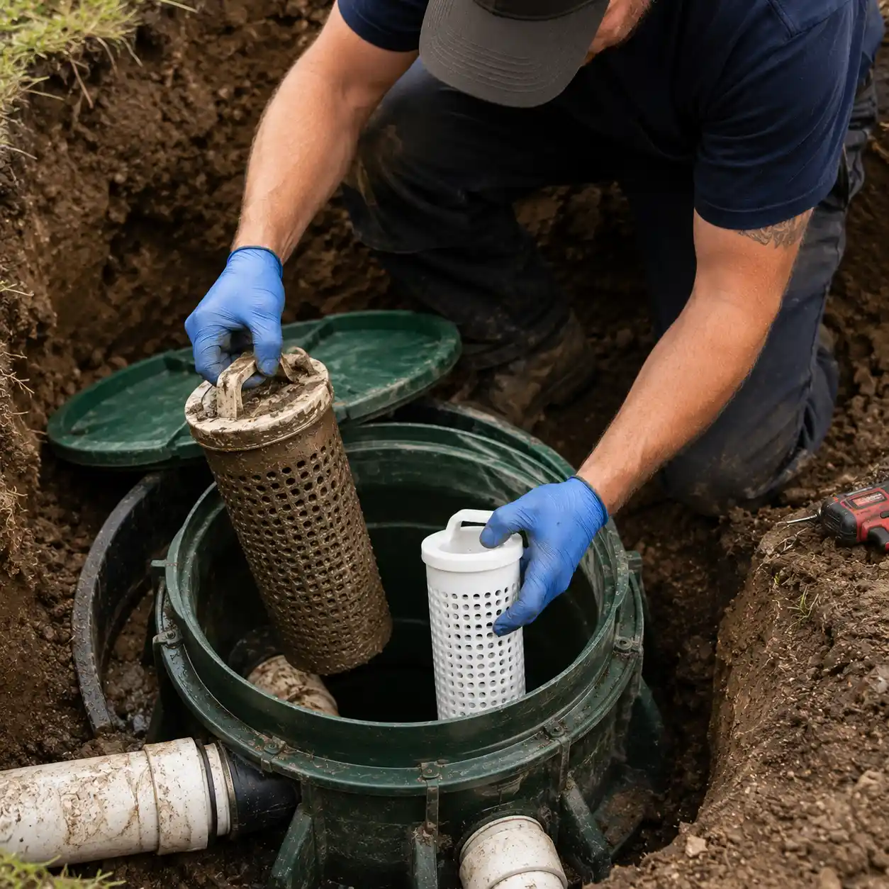 Technician replacing septic filters during a cleaning visit
