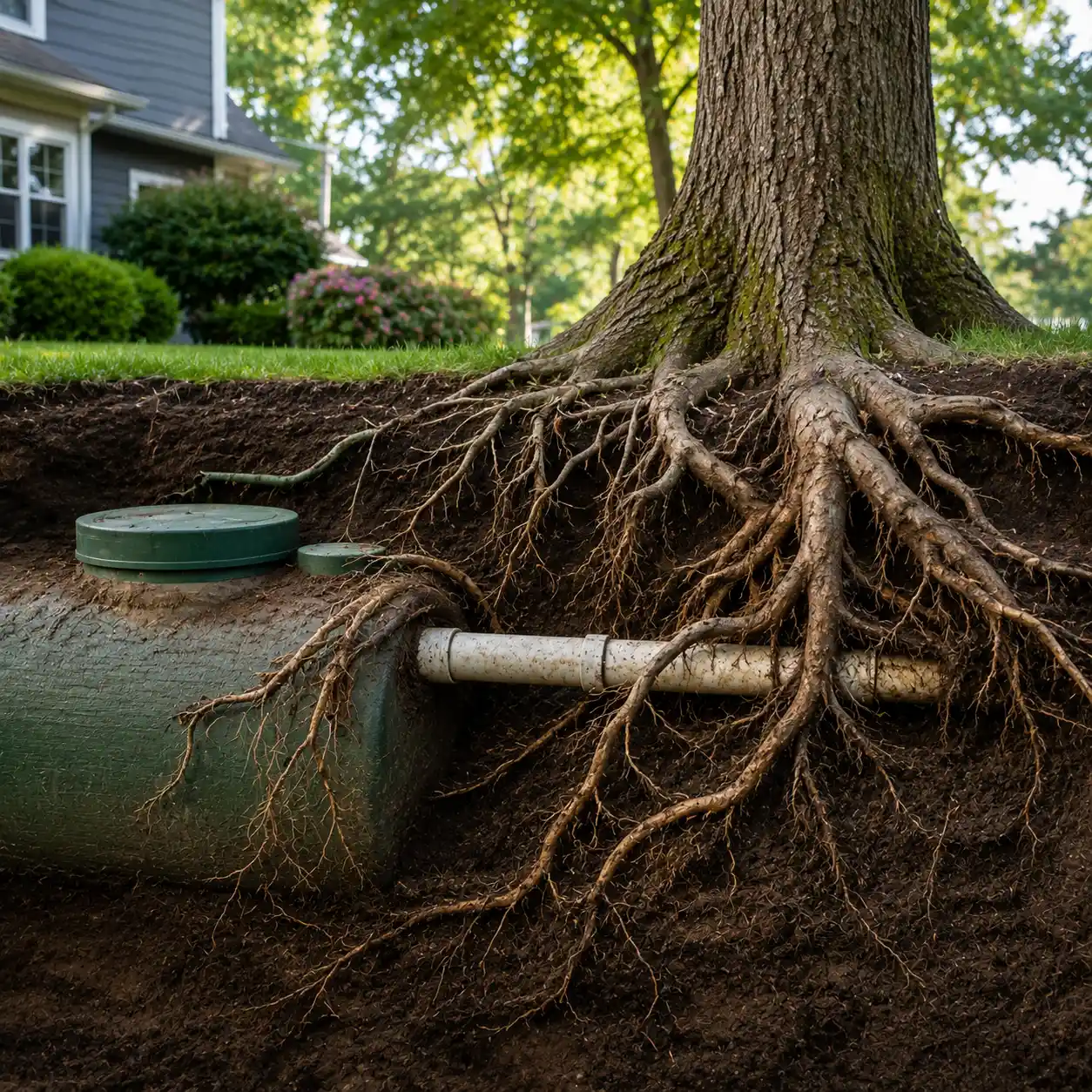 Tree roots damaging a septic system drain line