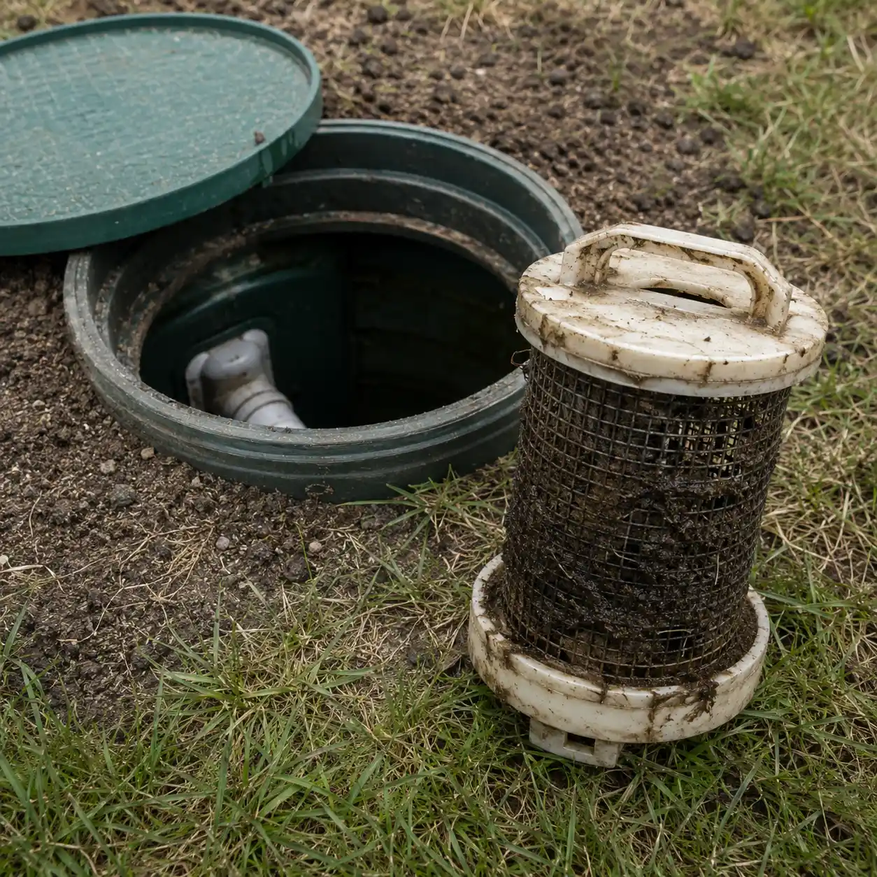 Damaged septic filter found during a cleaning inspection