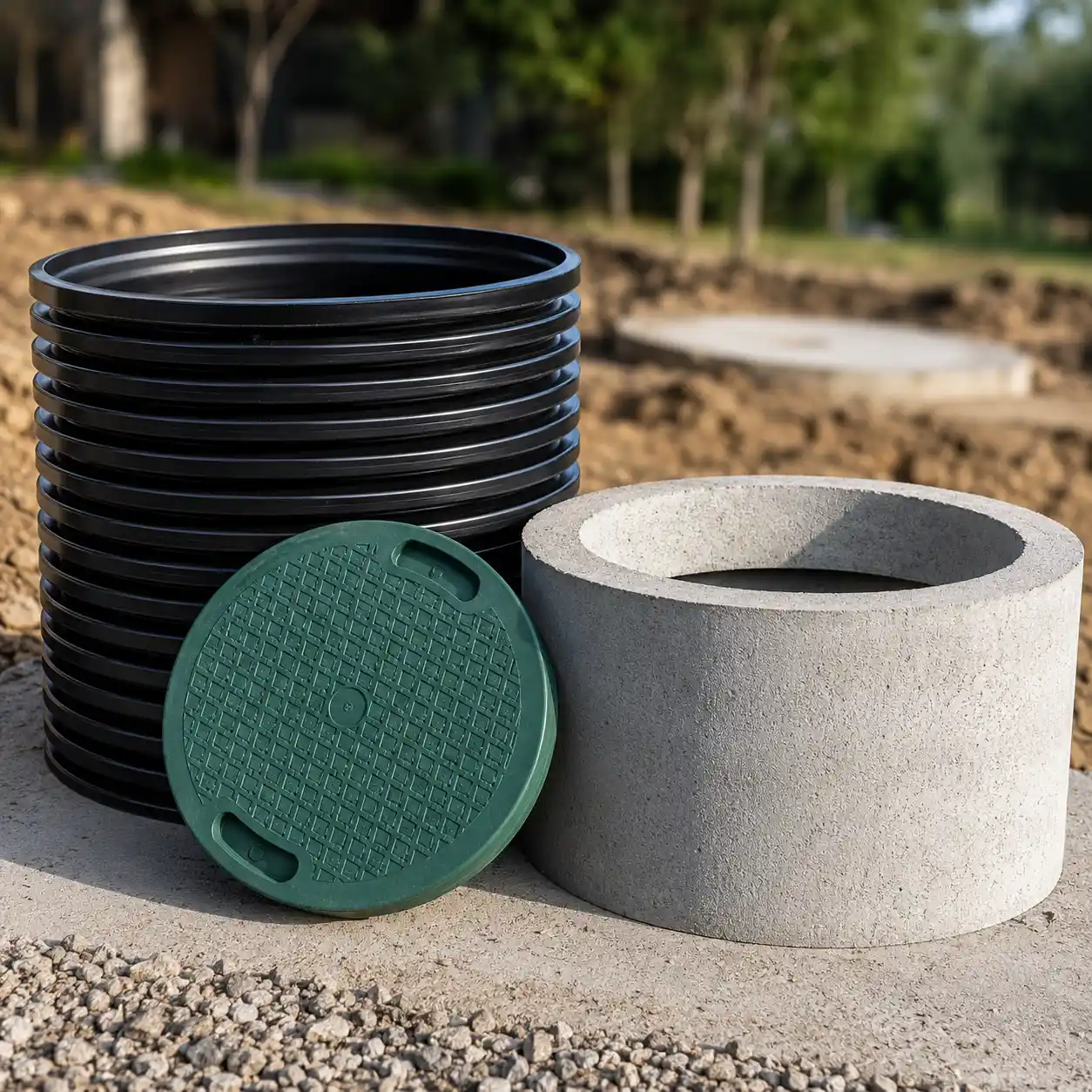 Concrete septic tank lids exposed ahead of a pumping visit